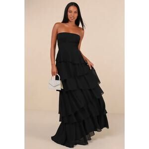 Lulu’s Gorgeous Essence Black Strapless Tiered Maxi Dress Size Medium MSRP $99
